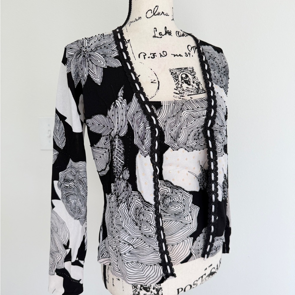 Alberto Makali Monochrome Floral Open Cardigan &‎ Tank Top Set Sz M Romantic - Picture 8 of 16